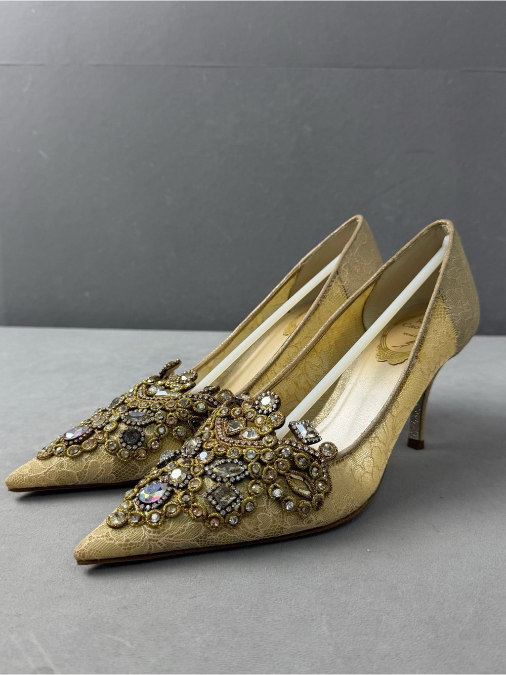 Rene Caovilla Gold Jeweled Pointed-Toe Lace Heels